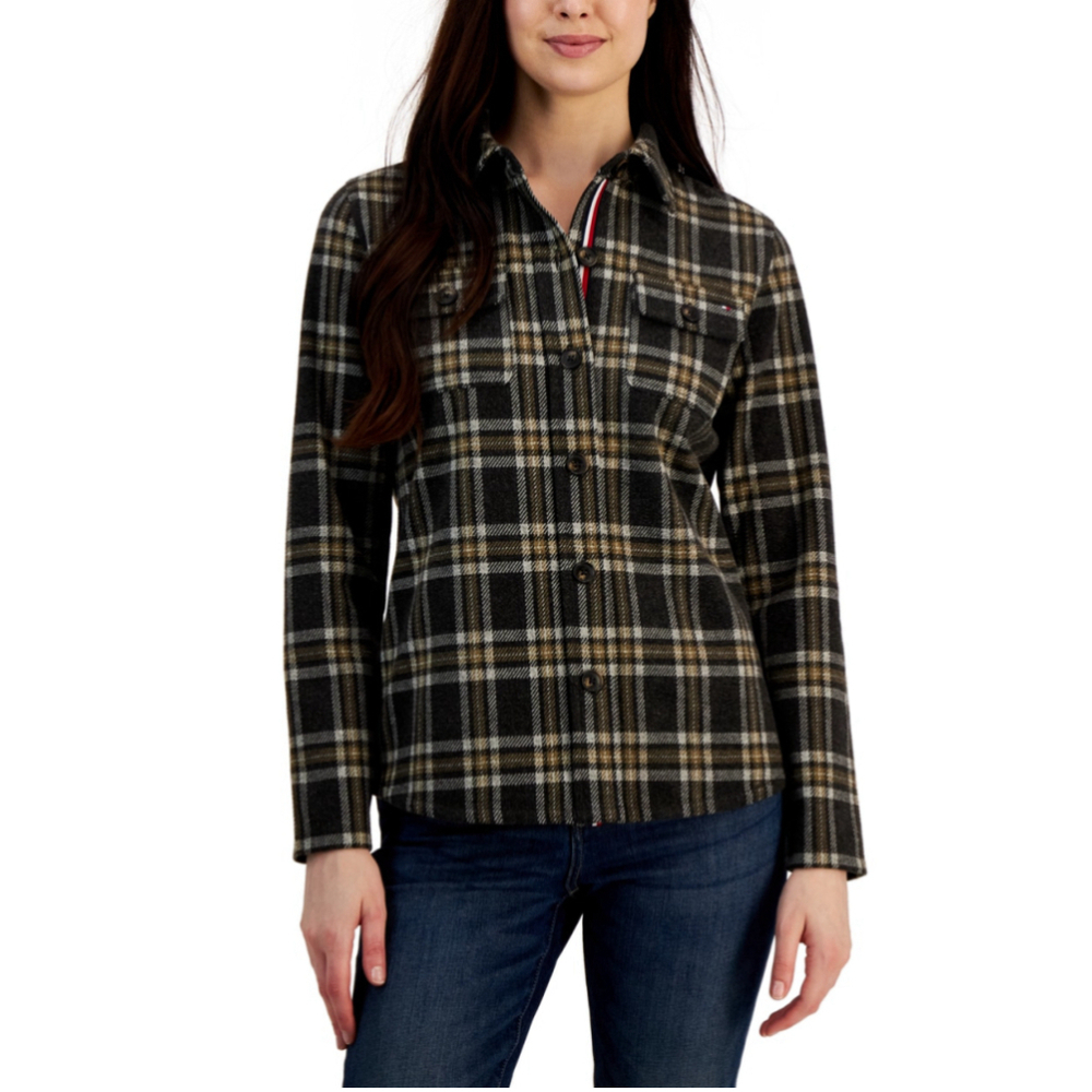 Tommy Hilfiger Women's Large Collared Dark Hillside Plaid Shirt Jacket NWT